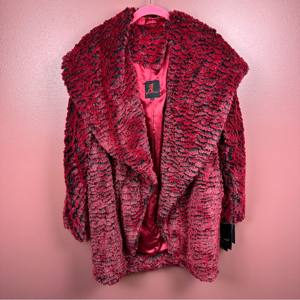 NWT Adrienne Landau red and black faux fur teddy coat oversized collar small